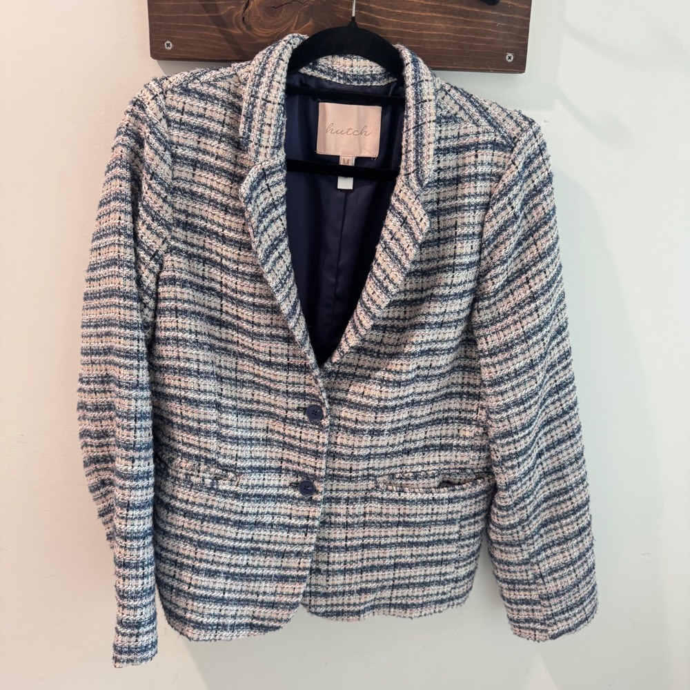 Anthropologie Hutch Blue Tweed Blazer Metallic Boucle Jacket Medium